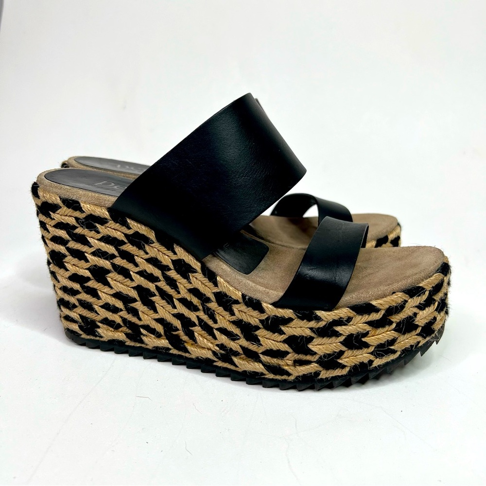 Pedro Garcia Black Leather and Natural Jute Braided Platform Wedge Sandals